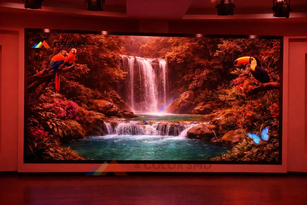 Indoor 4 Color SMD LED wall demonstrating vivid color accuracy and contrast through immersive waterfall and wildlife visuals