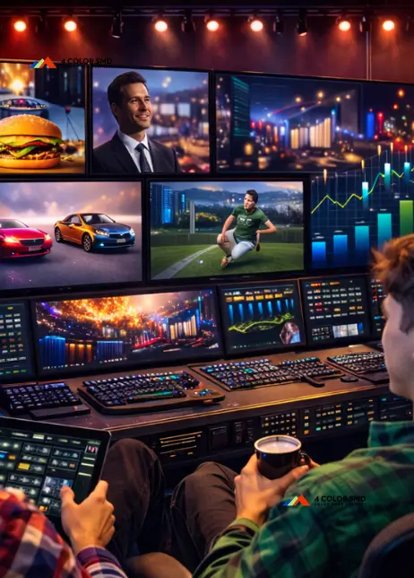 4 Color SMD LED control room displaying multiple advertising and analytics visuals managed through a centralized professional monitoring setup