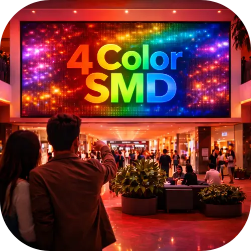 Large 4 Color SMD LED video wall installed inside a shopping mall, attracting visitors with vibrant RGB visuals for brand promotion