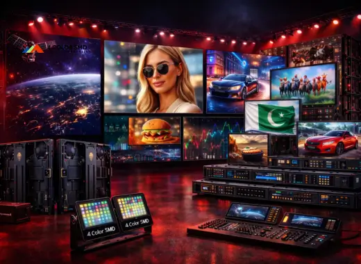 4 Color SMD LED multi-display setup showcasing diverse visual content with centralized control systems for advanced digital advertising