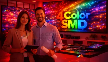 Business professionals presenting a 4 Color SMD LED display system inside a modern showroom highlighting vibrant digital screen solutions