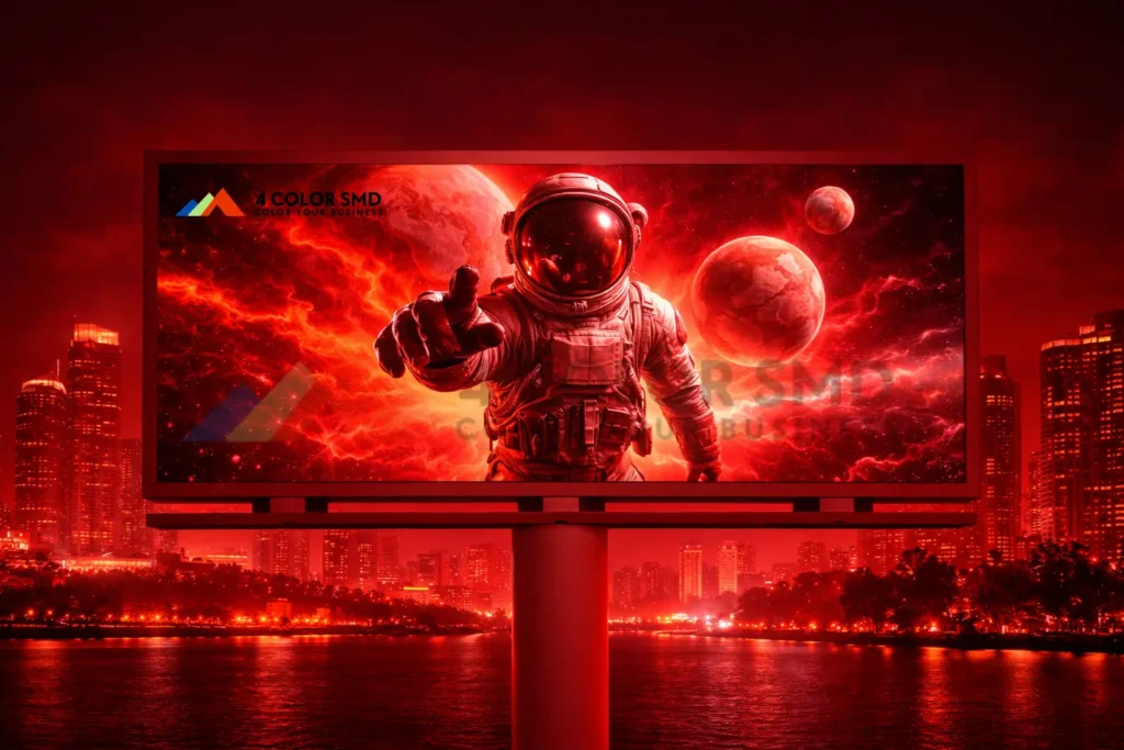 Outdoor 4 Color SMD LED billboard displaying high-impact cinematic visuals for large-scale city advertising and brand visibility