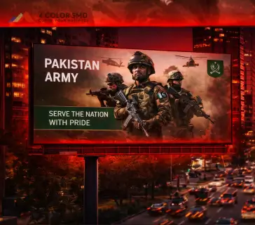 Pakistan Army soldiers featured on a patriotic billboard above a busy city road at night.