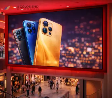 SMD LED screen displaying smartphone advertisement inside a shopping mall.