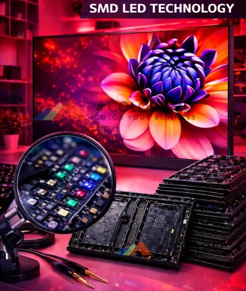 SMD LED display showcasing vivid visuals with LED modules and technology setup.